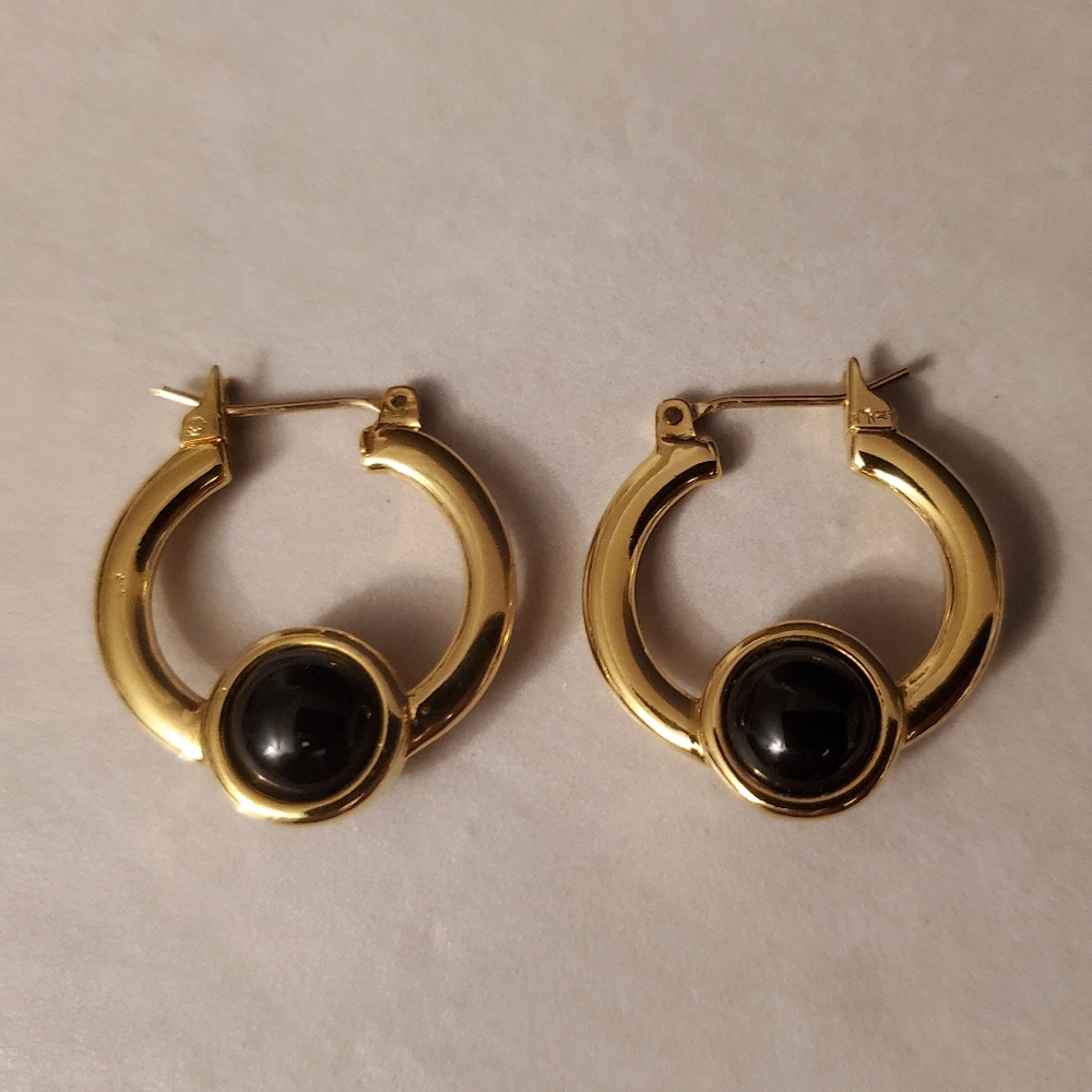 Monet Gold Tone Black Red Stone Hoop Earrings